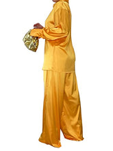 Load image into Gallery viewer, Womens Long Sleeve Satin Loungewear Set Lapel Button Down Shirts Palazzo Long Pants Pjs 2 Piece Set Orange L