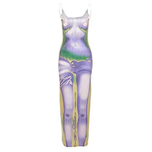 Load image into Gallery viewer, KAOBIO Women&#39;s 3D Body Print Maxi Dress Shiny U-Neck Spaghetti Strap Y2K Aesthetic Clothing Club Party Outfits (B Lilac,S)