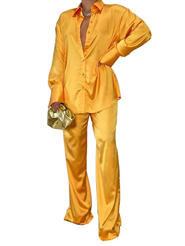 Womens Long Sleeve Satin Loungewear Set Lapel Button Down Shirts Palazzo Long Pants Pjs 2 Piece Set Orange L