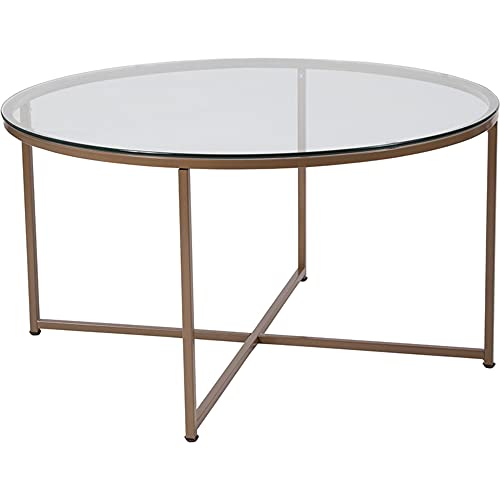 Flash Furniture Greenwich Collection Coffee Table - Modern Clear Glass Coffee Table - Crisscross Matte Gold Frame