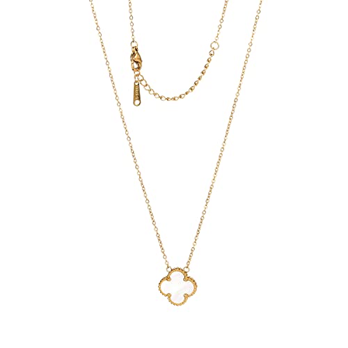 POLYREAL Lucky Clover Necklace For Women Girls, 18K Gold Plated Fashion Cute Simple Girls Hypoallergenic Titanium Steel Pendant (Gold-White)