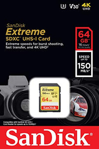 SanDisk 64GB Extreme SDXC UHS-I Memory Card - 150MB/s, C10, U3, V30, 4K UHD, SD Card - SDSDXV6-064G-GNCIN