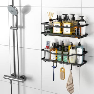 WEYEEN Shower Caddy Bathroom Shelf, No Drilling Adhesive Bathroom Storage Organizer with 4 Hooks, Rustproof Stainless Steel Shower Shelf for Inside Shower & Kitchen Storage , 2 Pack (Black)