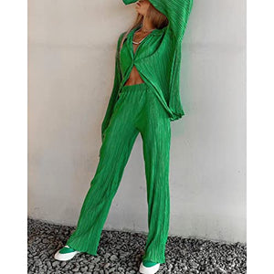 Womens 2 Piece Outfits - Long Sleeve +Short Pants Button Blouse Top Wide Leg Loose Streetwear Loungewear