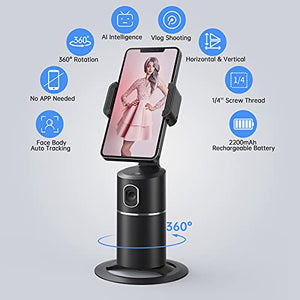 Auto Face Tracking Tripod, No App Required, 360° Rotation Face Body Phone Camera Mount Smart Shooting Phone Tracking Holder for Live Vlog Streaming Video, Rechargeable Battery-Black