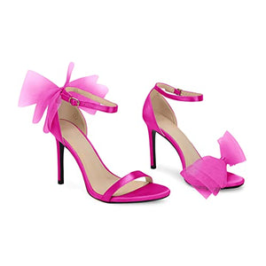Women's One Strap Heeled Sandals Open Toe Bow Knot Satin Pumps Ankle Buckle Strap Stiletto Heels Summer Shoes