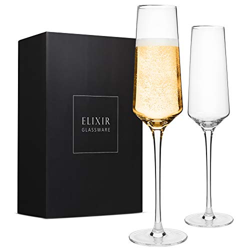 ELIXIR GLASSWARE Classy Champagne Flutes - Hand Blown Crystal Champagne Glasses - Set of 2 Elegant Flutes – Gift for Wedding, Anniversary, Christmas – 8oz, Clear
