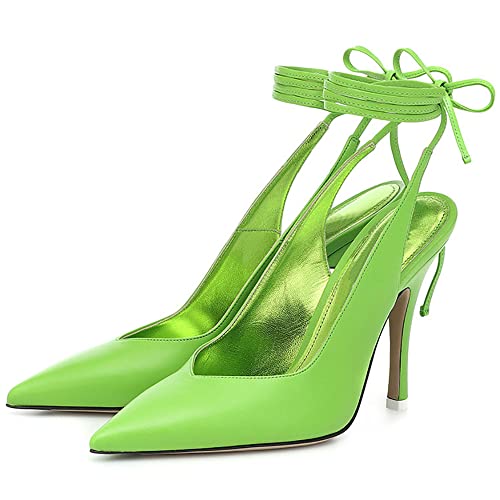 Goolita Women's Lace-up Pumps Pointed Toe Satin Stiletto High Heels Summer Backless Dress Shoes for Women Large Size Green