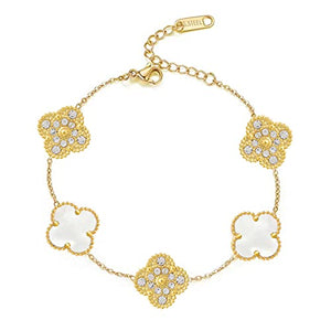 POLYREAL Bracelet Fashion for Women Girls, 18K Gold Plated Adjustable Cute Lucky Clover Rhinestones Bracelet Jewelry(White)