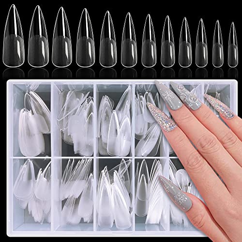 AddFavor 240pcs Stiletto Nail Tips Clear Full Cover Long Stiletto Fake Nails Acrylic Gel X Nail Tips for Salon and Home Nail Art Manicure 12 Sizes