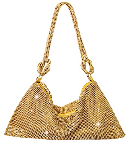 Rhinestone Purse Silver Hobo Purse Sparkly Black Evening Bag for Women Prom Party Wedding-Gold