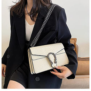 Leather Shoulder Bag Chain Purse for Women - Fashion Crossbody Bags Vintage Snake Print Underarm Bag Square Satchel Clutch Handbag(White)