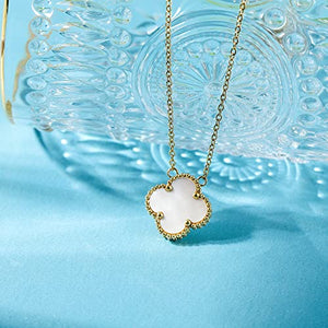 POLYREAL Lucky Clover Necklace For Women Girls, 18K Gold Plated Fashion Cute Simple Girls Hypoallergenic Titanium Steel Pendant (Gold-White)