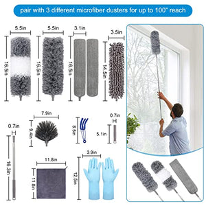 Microfiber Feather Duster (11pcs), Extendable Dusters for Cleaning with 100" Extension Pole, Washable Dusters, Reusable Bendable Dusters for Cleaning Ceiling Fan, High Ceiling, TV, Blinds, Cars